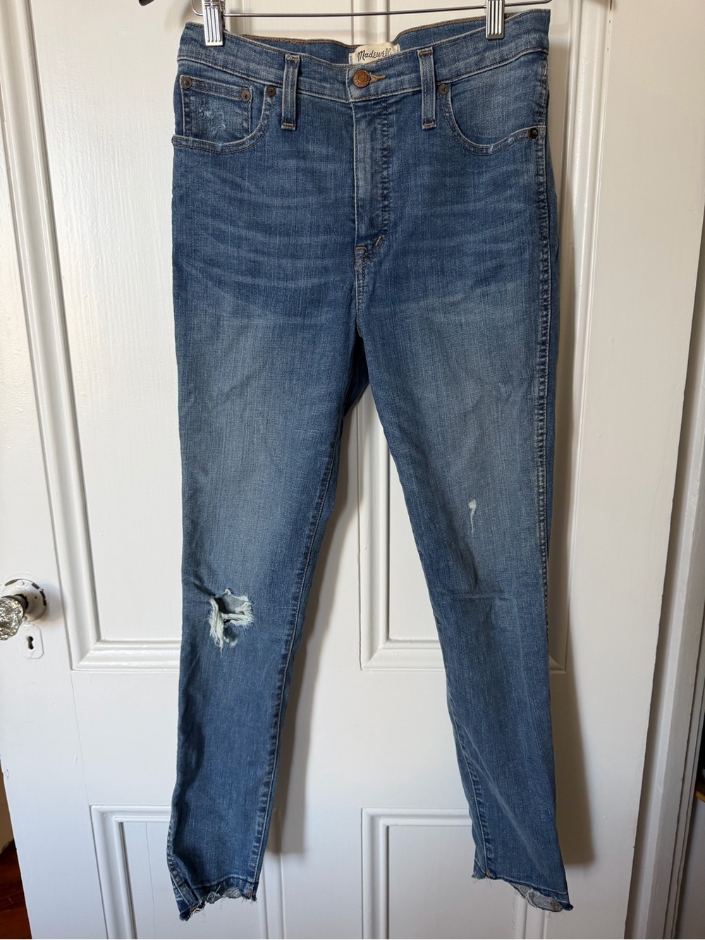 Madewell Faded Blue High-Rise Skinny Jeans with Knee Distress